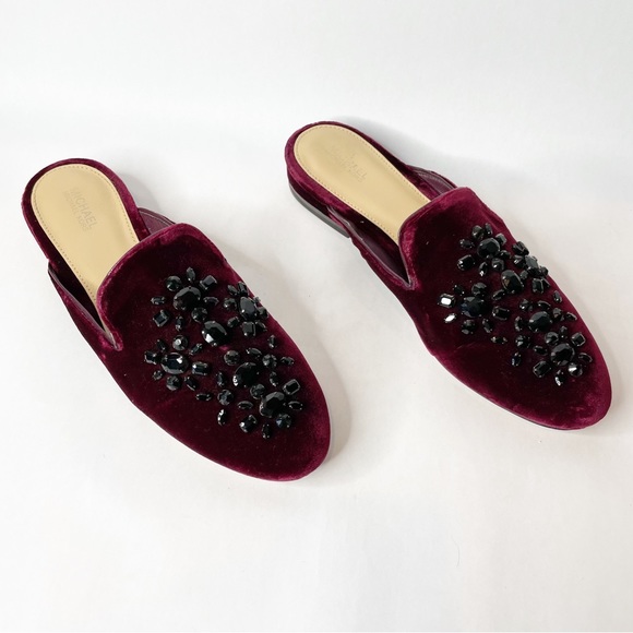 Michael Michael Kors Edie Embellished Burgandy Velvet Slides Size 7 - Picture 11 of 11
